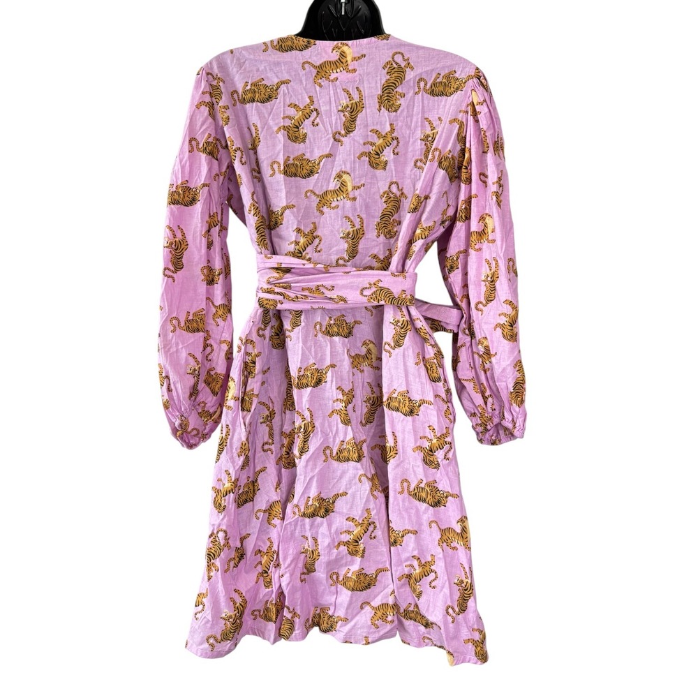 Guadalupe Monica Tiger Print Wrap Mini Dress Cotton Lilac Purple Puff Sleeve‎ M - Picture 4 of 5